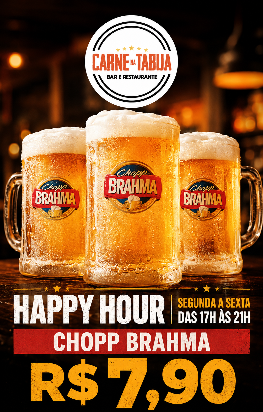 Happy Hour do Carne na Tábua: Chopp Brahma por R$ 7,90, de segunda a sexta, das 17h às 21h